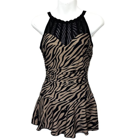 Alisha Levine Swim dress Tan Blk Zebra Stripe A-Line Skirt Size 8 - Picture 1 of 14